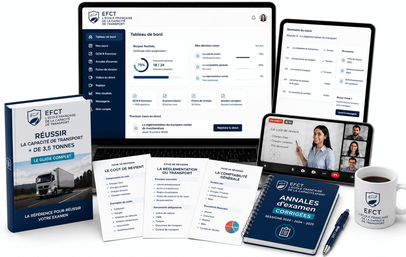 Illustration représentant l'ensemble des ressources pédagogiques proposées par LYAD Academy pour préparer l'examen de la capacité professionnelle de transport routier de marchandises +3,5 tonnes. L'image présente une plateforme e-learning accessible sur ordinateur, une tablette affichant le contenu des cours, une visioconférence avec une formatrice, un livre de préparation, un livre d'annales corrigées, des fiches de révision et des exercices. Cette formation s'adresse aux futurs transporteurs souhaitant obtenir leur capacité de transport, créer une entreprise de transport routier, obtenir leur licence de transport et réussir l'examen national organisé par la DREAL.