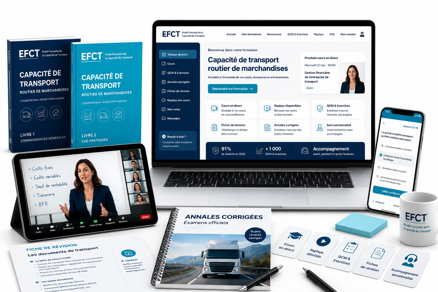Plateforme de formation à la capacité de transport routier de marchandises EFCT avec cours en ligne, QCM, annales corrigées, fiches de révision et accompagnement pédagogique.