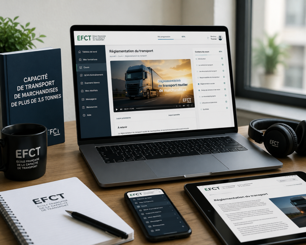 Plateforme de formation e-learning EFCT pour préparer l'examen de la capacité de transport routier de marchandises de plus de 3,5 tonnes.