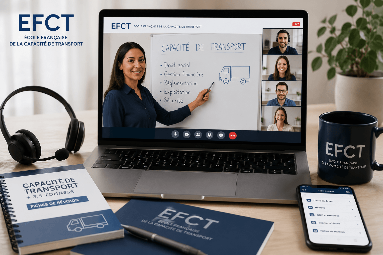 Formation en direct à la capacité de transport routier de marchandises en visioconférence avec une formatrice spécialisée, préparation à l'examen officiel, cours interactifs et accompagnement personnalisé.
