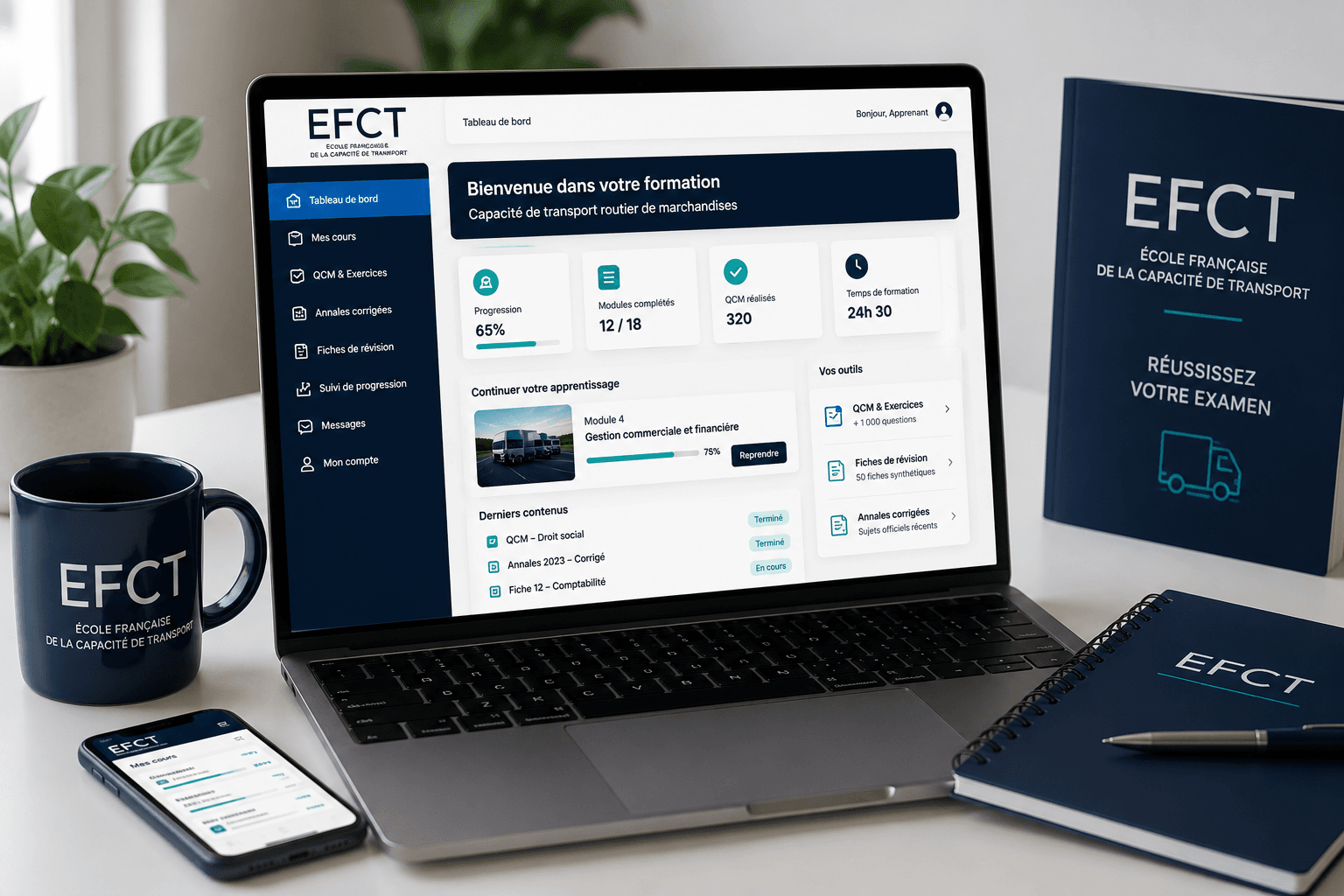 Plateforme de formation e-learning de l'École Française de la Capacité de Transport (EFCT) pour préparer l'examen de la capacité de transport routier de marchandises avec QCM, annales corrigées et fiches de révision.