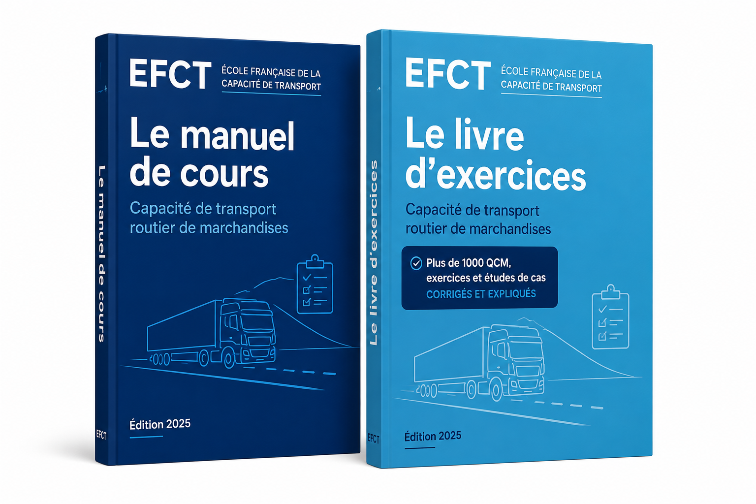 Pack Essentiel EFCT comprenant le manuel de cours et le livre d'exercices pour préparer l'examen de capacité de transport routier de marchandises.