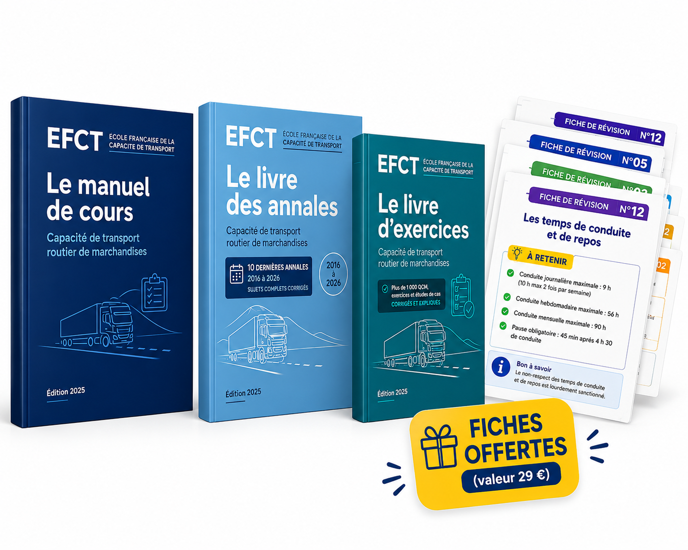 Pack Réussite EFCT comprenant le manuel de cours, le livre d'exercices, le livre des annales et 25 fiches de révision offertes pour la capacité de transport routier de marchandises.
