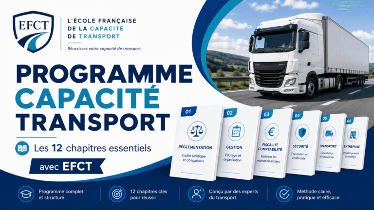 Programme de la capacité de transport routier de marchandises présenté par EFCT, avec les chapitres de formation essentiels pour préparer l’examen.